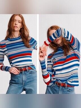Rag & Bone Striped Rib-Knit Crewneck Sweater Blue Red White Top Size L